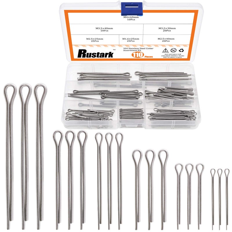Rustark 110Pcs 6 Sizes 304 Stainless Steel Cotter Pin Clip Key Fastener Fitting Assortment Kit for Automotive Mechanics Small Engine Repair - Image 1